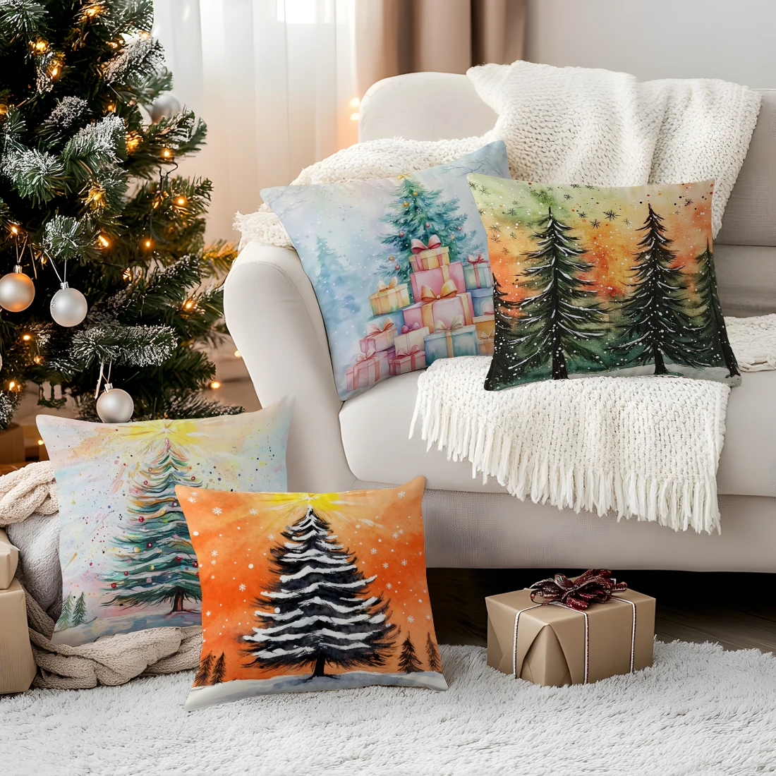 

Christmas Tree Cushion Pillowcase Printed Polyester 40/45/50cm Throw Pillowcover Decorative Sofa Cushion Pillowslip Home Decor