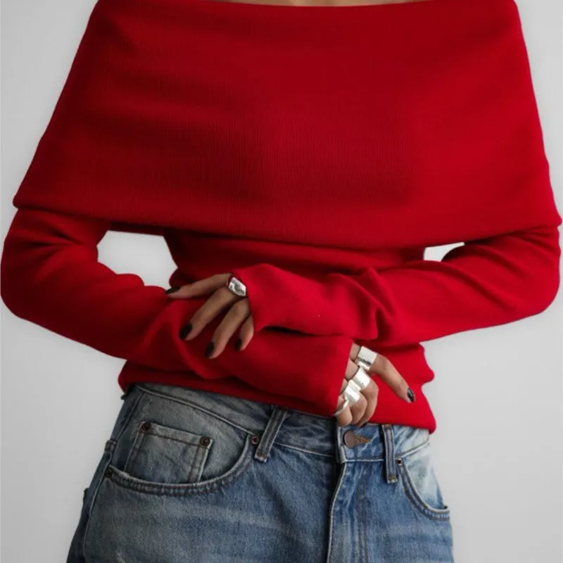

Red Long Sleeved Knitted Sweaters Women's Autumn Winter Office Lady Sweater One Shoulder Off Shoulder Sexy Slim Fit Pullovers