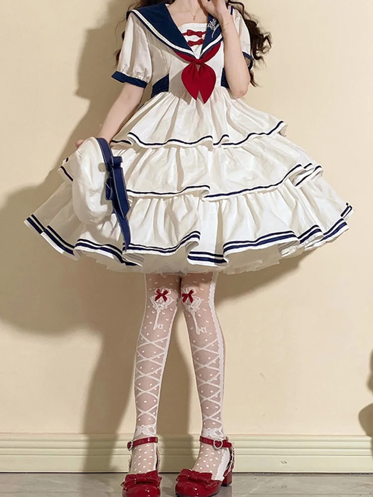 Girls\' Lolita Style Elegant Sailor Collar Navy Dress Preppy Style With Short Sleeve White Dress Op Academy Style Daily Skirt