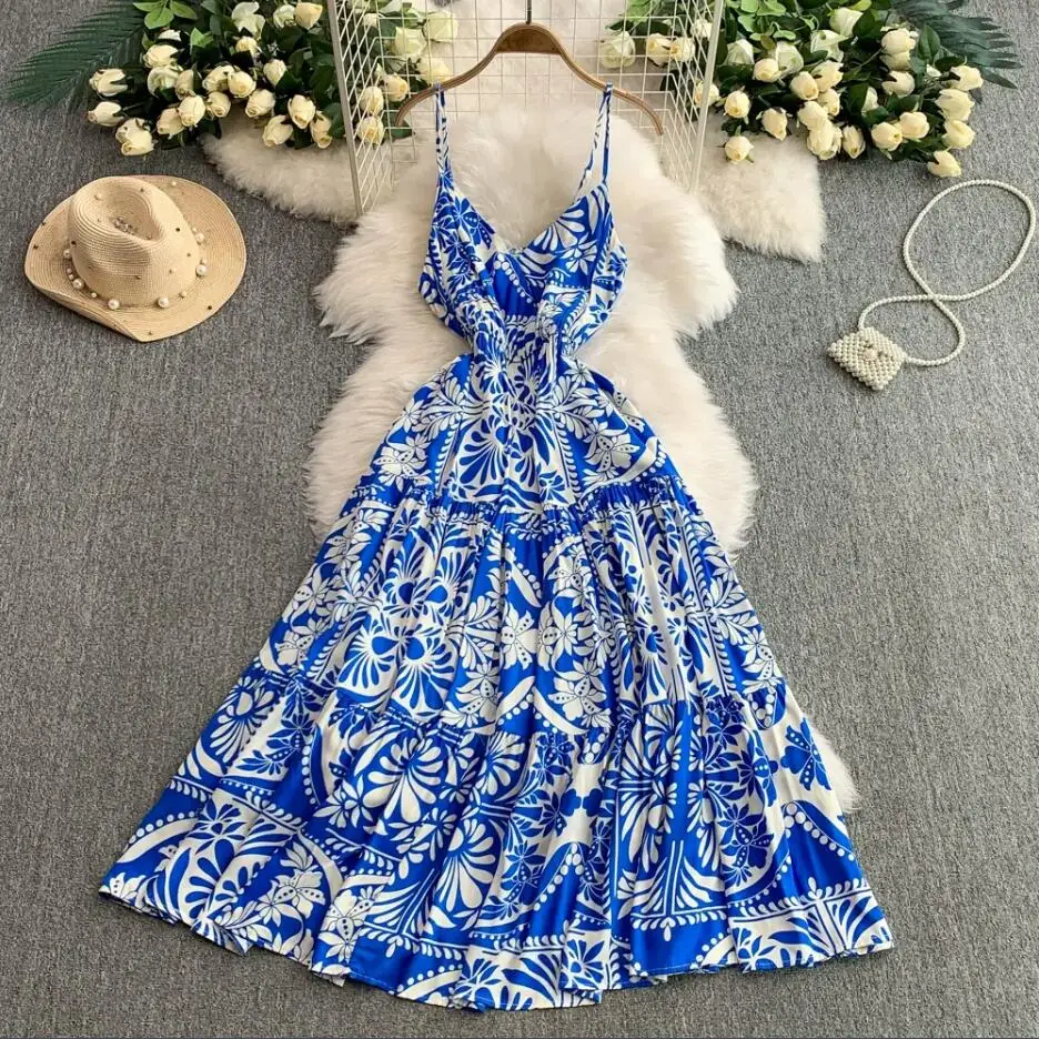 보헤미안 여성 시크 여름 플로럴 프린트 슬림 맥시 롱 드레스 캐주얼 섹시 스파게티 스트랩 비치 휴가 INS 파티 우아한 튜닉 드레스