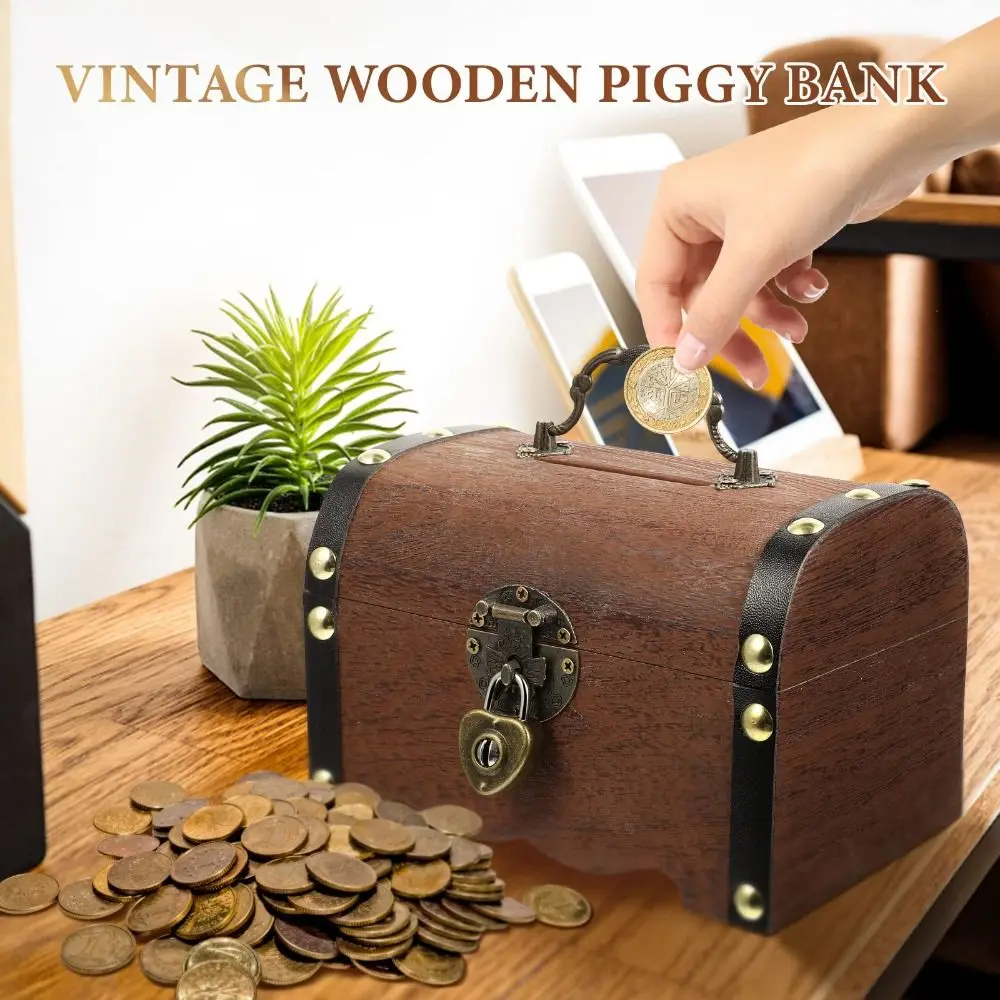 New Wooden Piggy Bank Vintage Unique Treasure Chest With Security Lock Coin Bank Home Decor