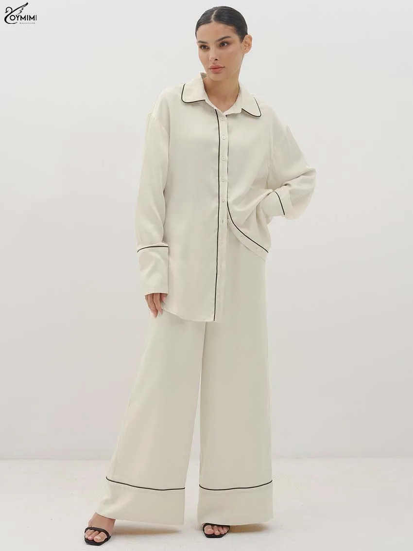 

Oymimi Fashion White Cotton Woman 2 Piece Set Outfit Elegant Spaghetti Strap Open Back Loose Tops + Pleated Mid-Calf Skirts Sets