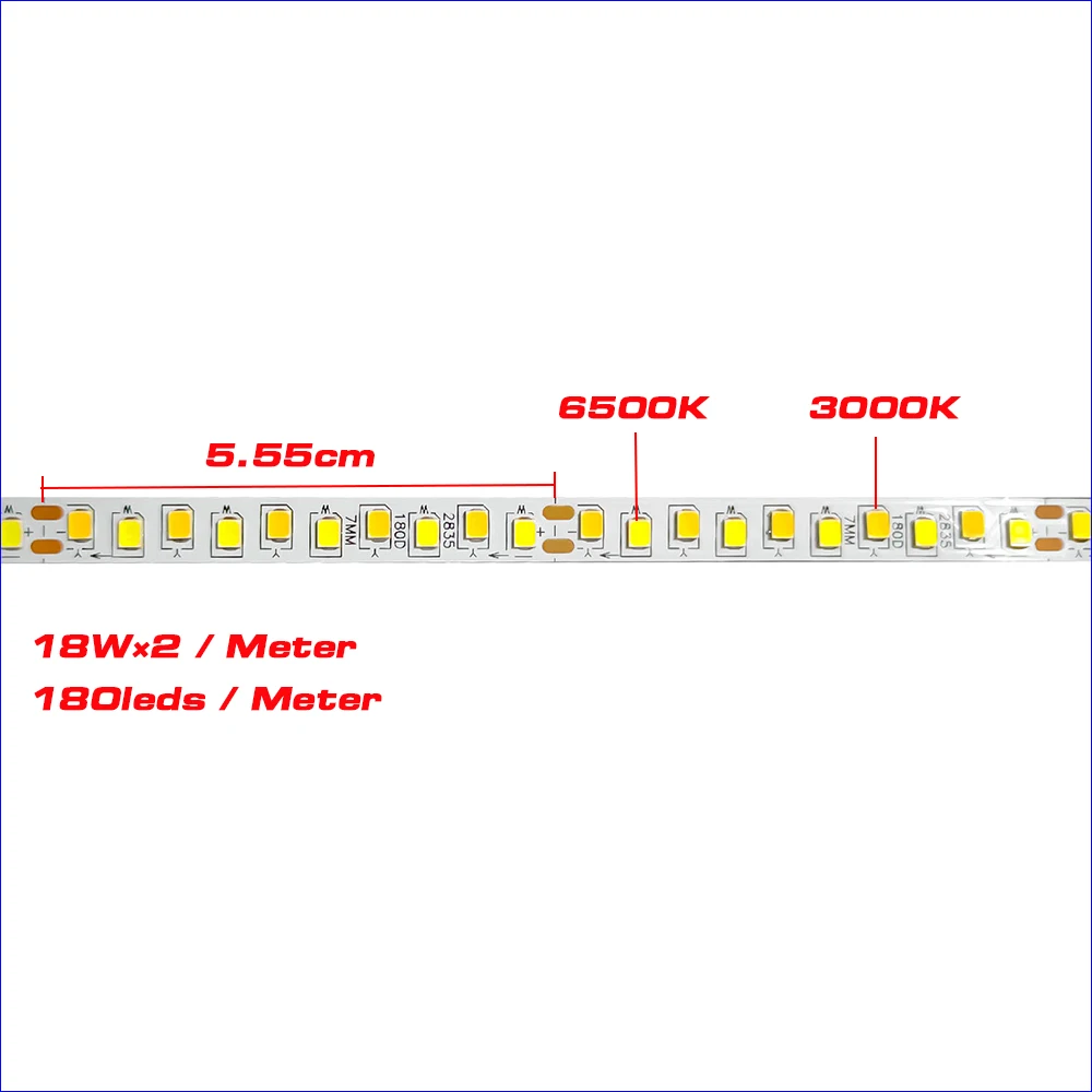 (2 solder joints) 5 meters 2835-7mm-180D 5B9CX2 2835 LED strip constant current LED ribbon 18Wx2 3colors light belt