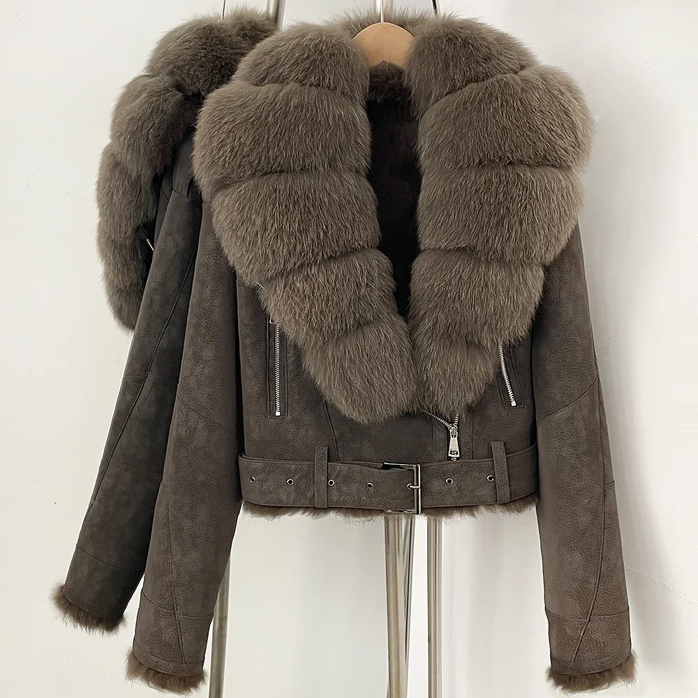 OFTBUY Luxus-Gürtel Natürlicher Kaninchenfellmantel Damen Kurze Wildlederjacke mit Echtfuchs-Fellkragen Neue Herbst-Warmbekleidung für Frauen – Detail 11