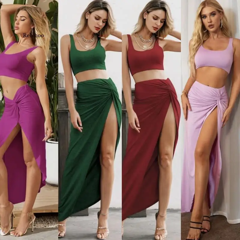 

Bohemian Vacation Outfits Two Piece Set Women Backless Crop Top Tank Twist Side Split Long Skirts Female Bodycon Matching Sets