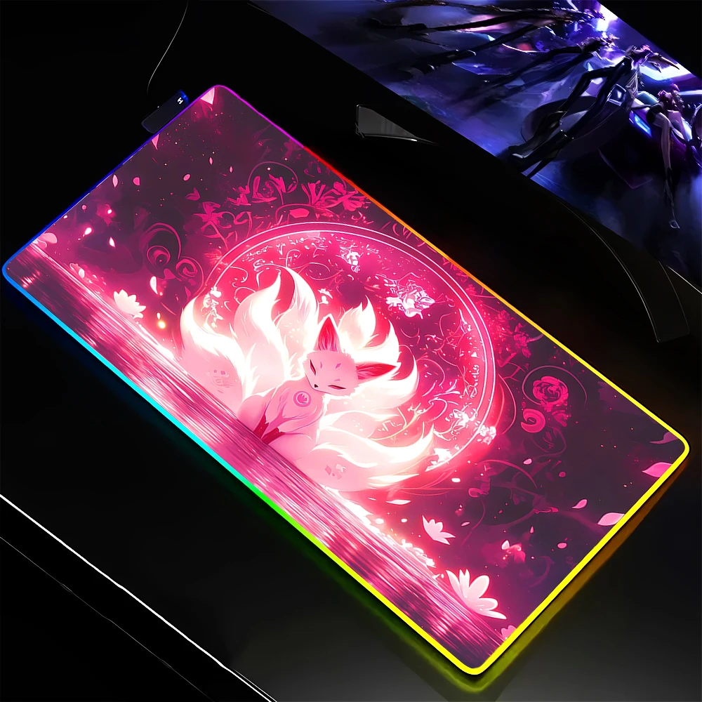 LED Mouse Pad Anime Fox RGB Mouse Mat Xxl Pc Computer Gamer Accessories Mousepad Keyboard Deskmat Waterproof Table Mats 90x40CM