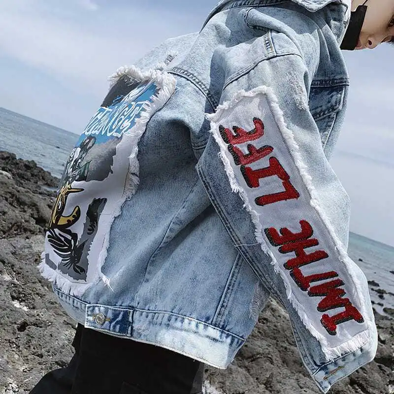 Denim Jackets Man Ripped Punk Cowboy Coat for Men Light with Hole Print Splicing Menswear Low Cost Winter Outerwear Original Y2k