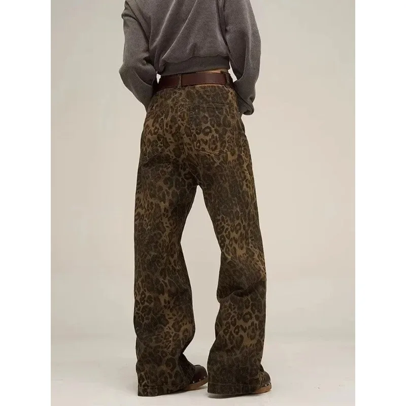 Pantalones vaqueros de leopardo bronceado para mujer, pantalones de mezclilla femeninos de gran tamaño, pantalones de pierna ancha, ropa de calle,