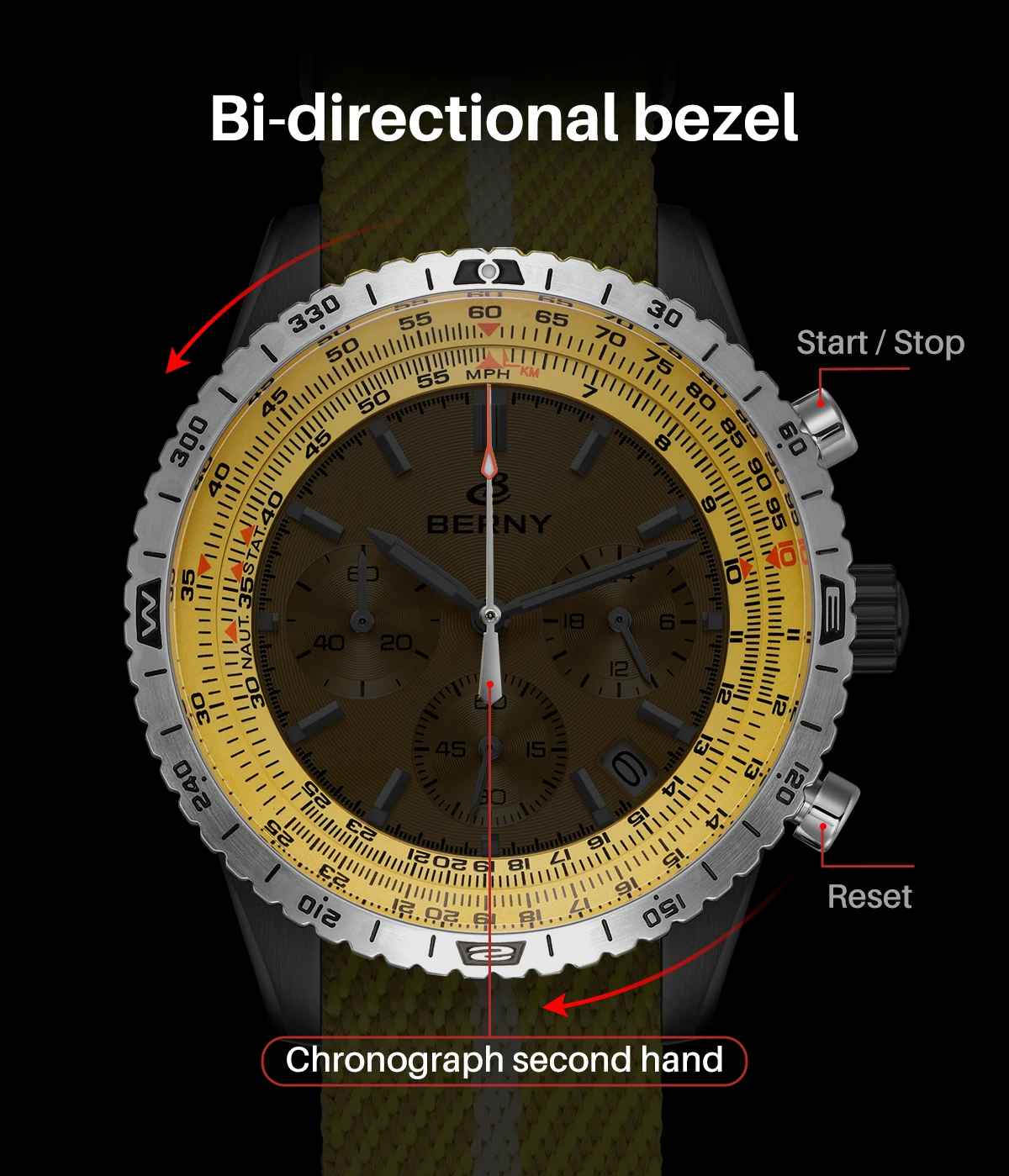 BERNY Chronographen-Uhren für Herren, superleuchtende, multifunktionale Quarz-Herrenuhr mit Datum, Saphir-Nylonarmband – Detail 6