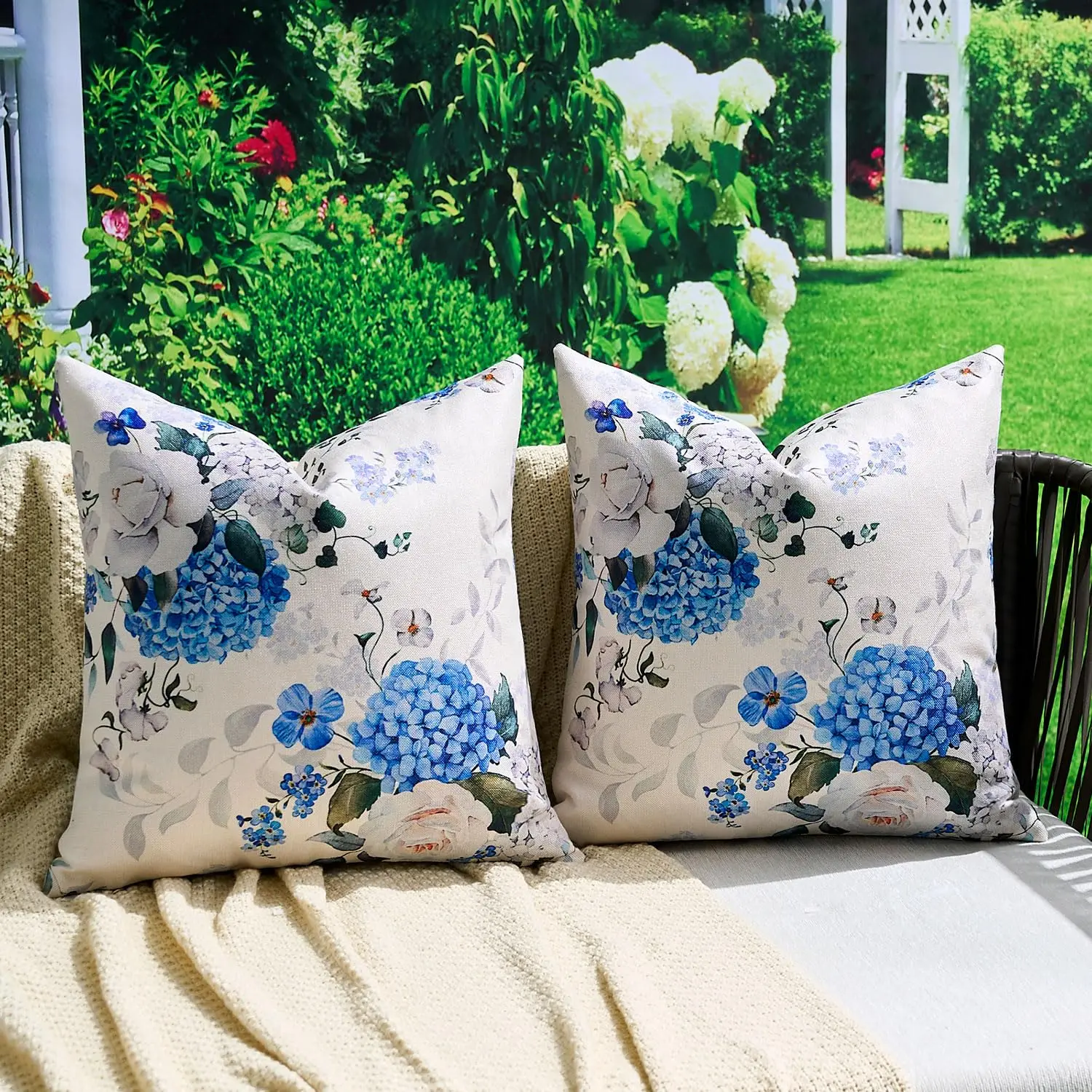 2 Pack Beige Blue Hydrangea White Rose Pillow Covers Double Sided Print Watercolor Floral Cushion Cases Home Decor