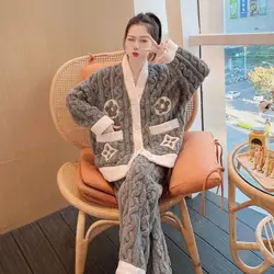 Mother Postpartum Pajamas Set Women Autumn Winter Pregnant Women Flannel Nursing Pijamas Thickened Plush Breastfeeding Homewear