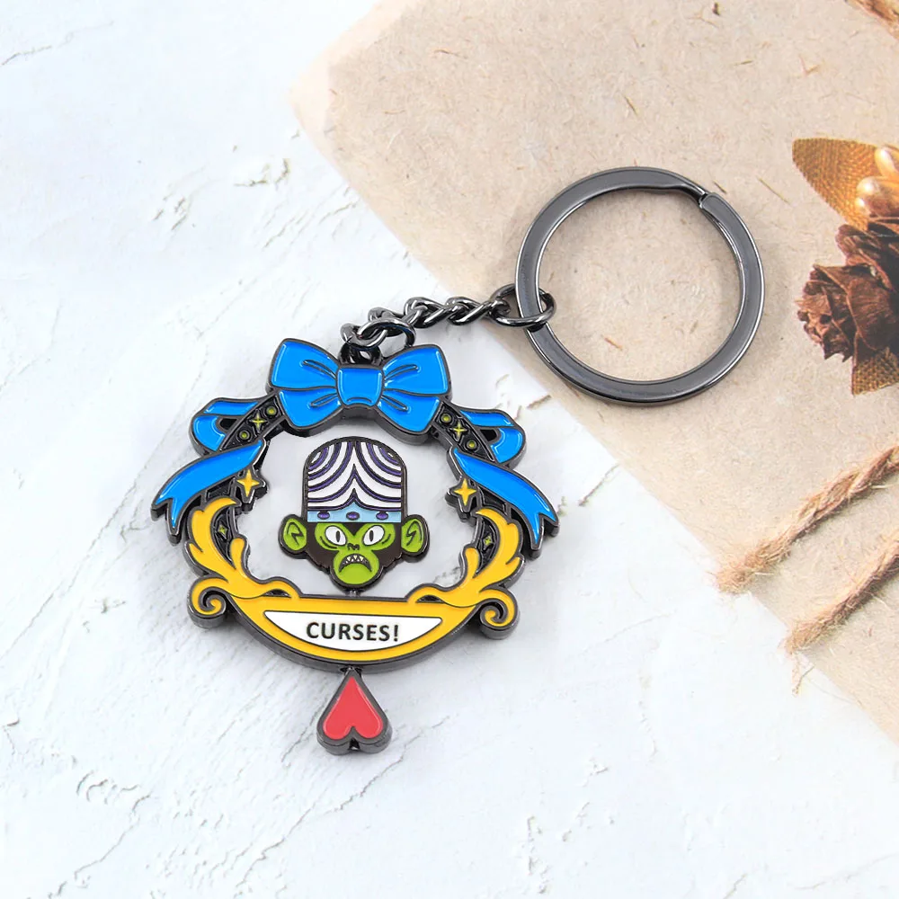 Lustiger Mojo Jojo Drehbarer Schlüsselanhänger, Doppelseitiger Spinning-Schlüsselring, Kawaii-Bösewicht-Figur, Metallanhänger, Taschendekoration, Geschenk für Fans – Detail 8