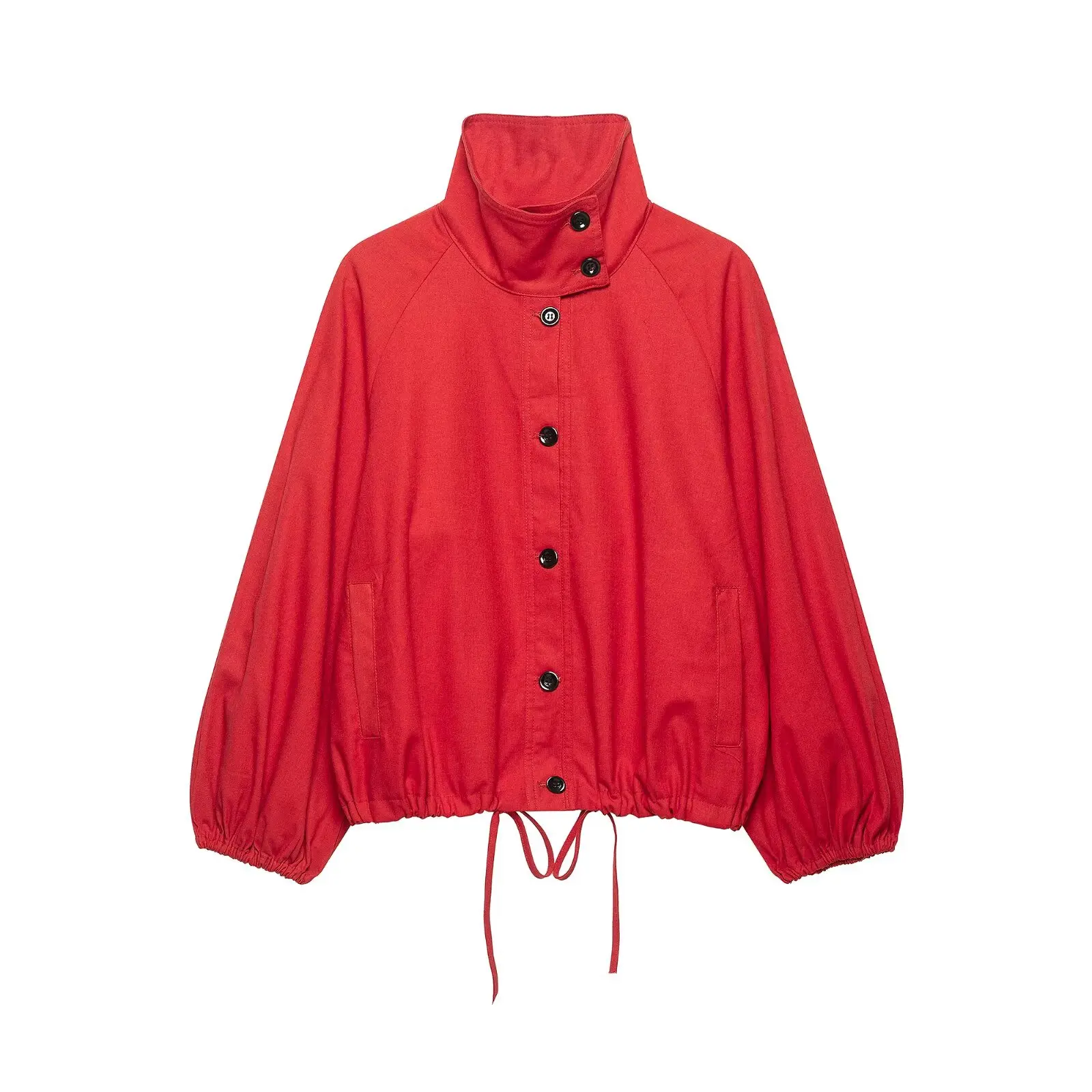 DUOPERI Women Red Drawstring Jacket High Stand Collar Long Sleeve Female Chic Lady Casual Outerwear