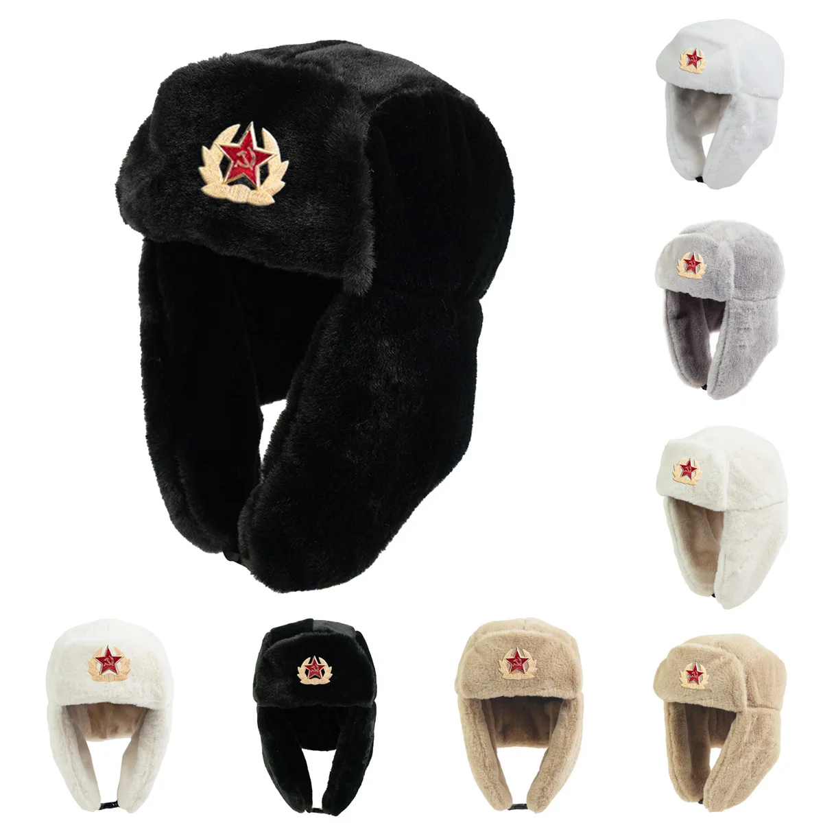 

Шапка Lei Feng, теплая плюшевая однотонная шапка с золотыми пшеничными ушками, значок с красной звездой, изысканная модная модная зимняя шапка
