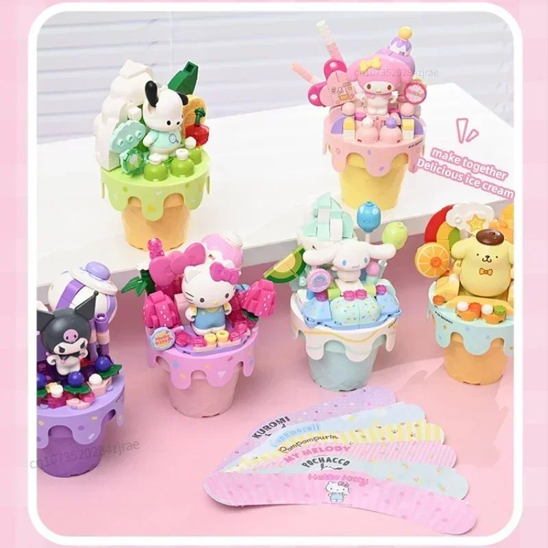 Keeppley Building Blocks Sanrio Hello Kitty Pochacco Burger Car Model Cinnamoroll Pompom Purin Splicing Ornaments Toys Gifts