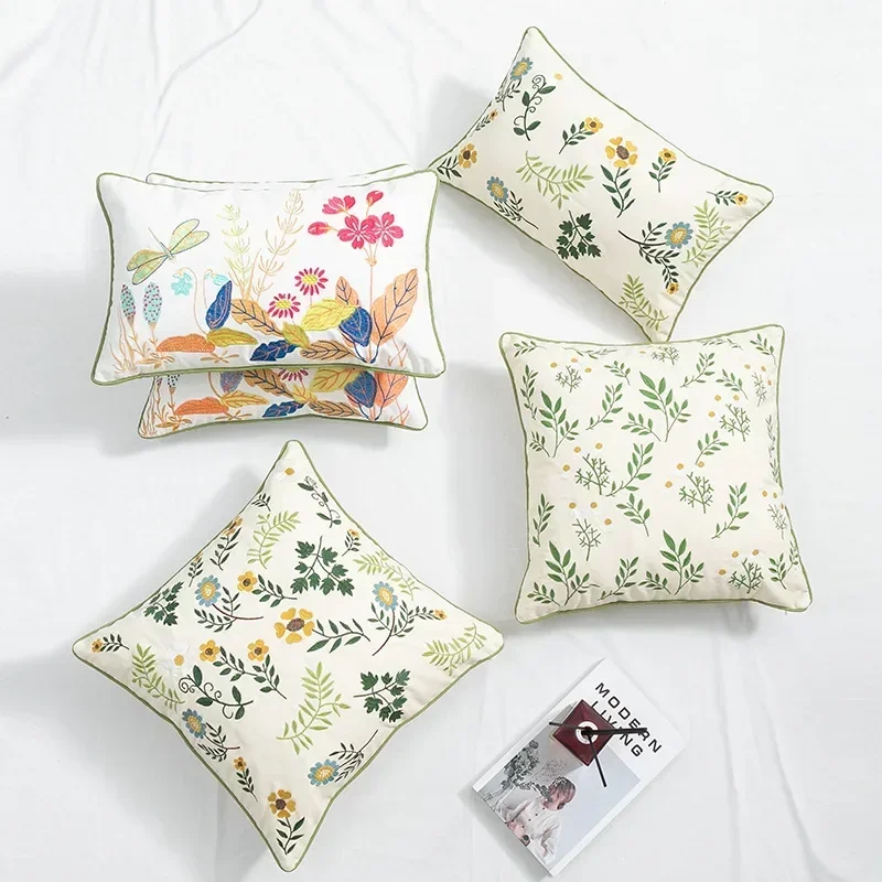 Spring Botanical Floral Embroidered Cushion Cover American Country Style Pillowcase Cotton Square Decorative Pillows for Sofa