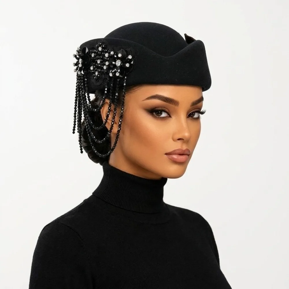 Floral Rhinestone Felt Beret Hat Polyester Lightweight Airline Stewardess Hat Beaded Tassel Classic Formal Dress Hat Banquet