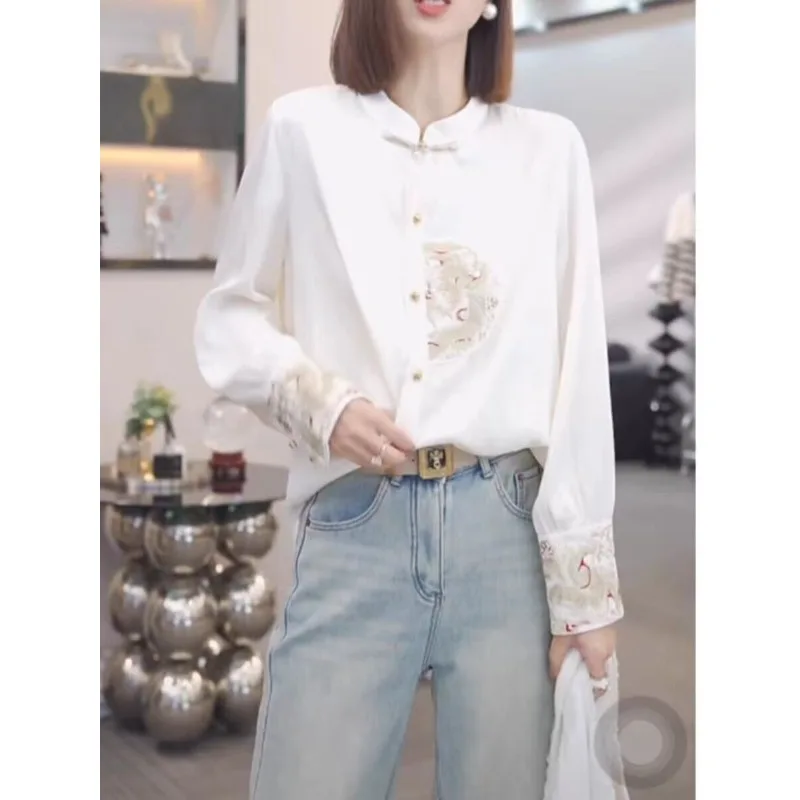 

Стиль: рубашка на пуговицах в национальном стиле, женский весенне-осенний топ 2024, белая рубашка с вышивкой, длинные рукава.