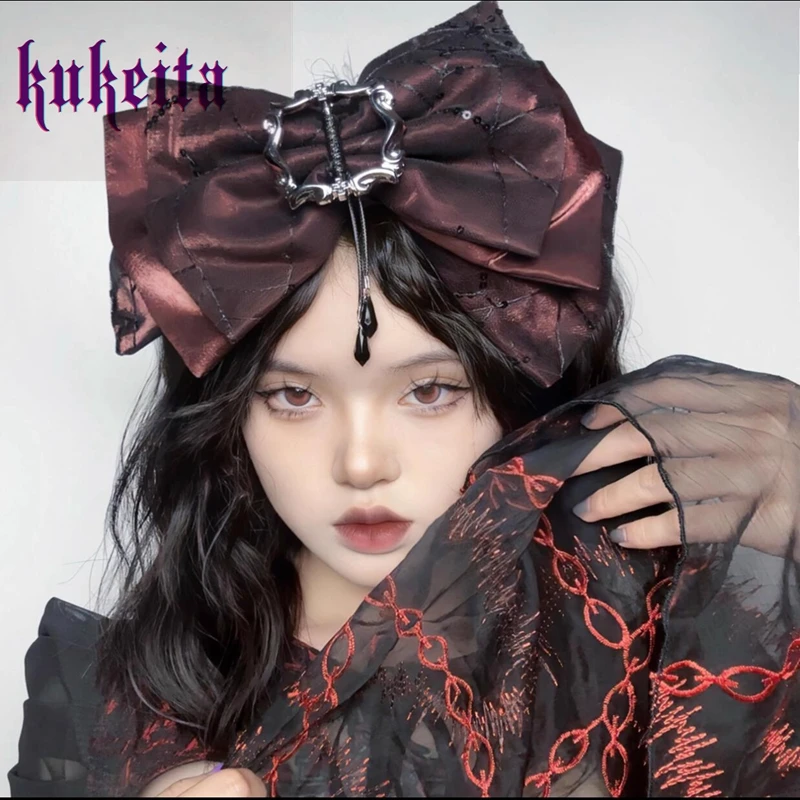 Kukeita Dark Gothic Black Red Halloween Spider Web Bow Hair Clip Lolita Cosplay Party Hair Accessory