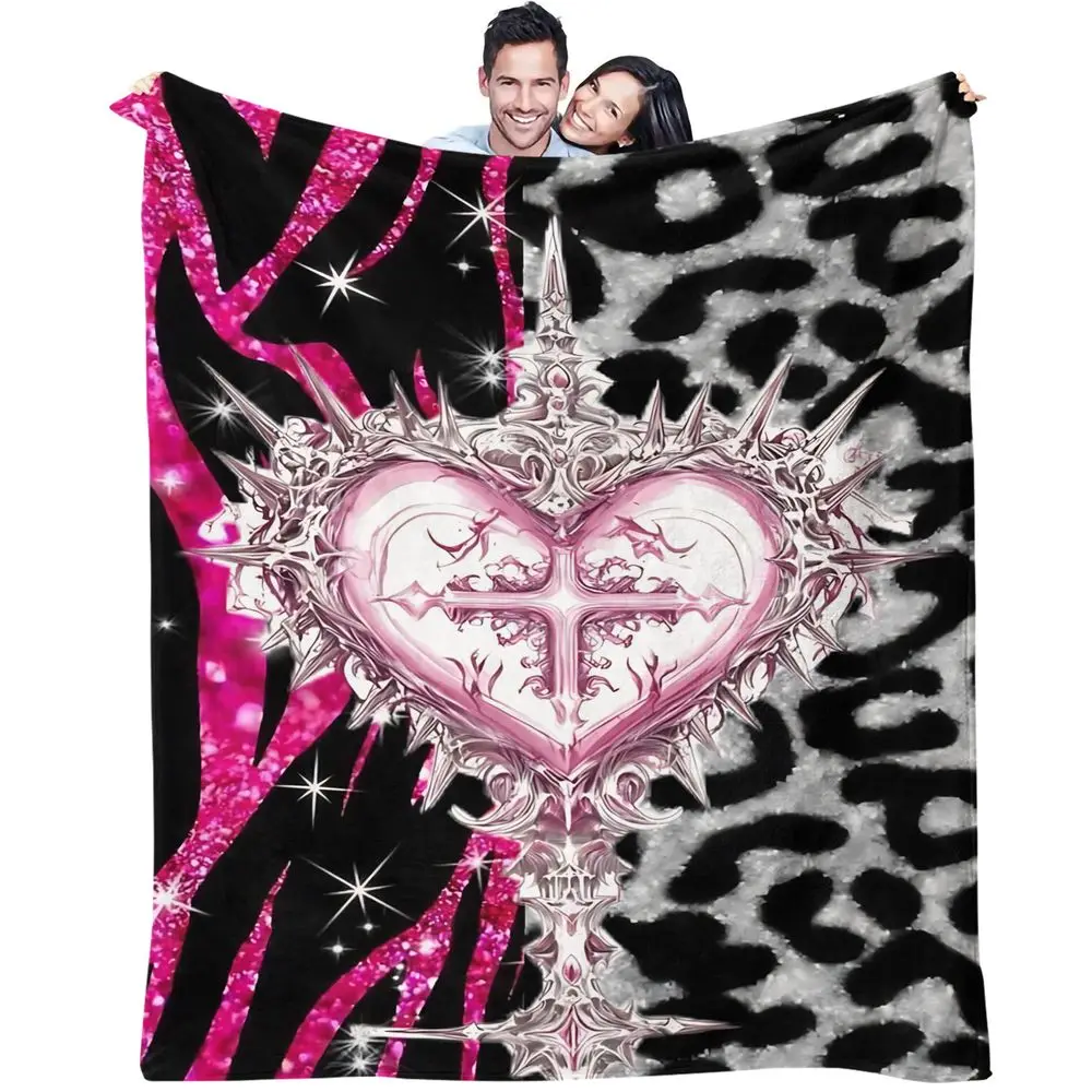 Y2K Pink Heart Cross Flannel Blanket Throw Blanket Warm Gift Blanket Digital Print Soft Cozy Fleece for Bed Sofa Home Decor