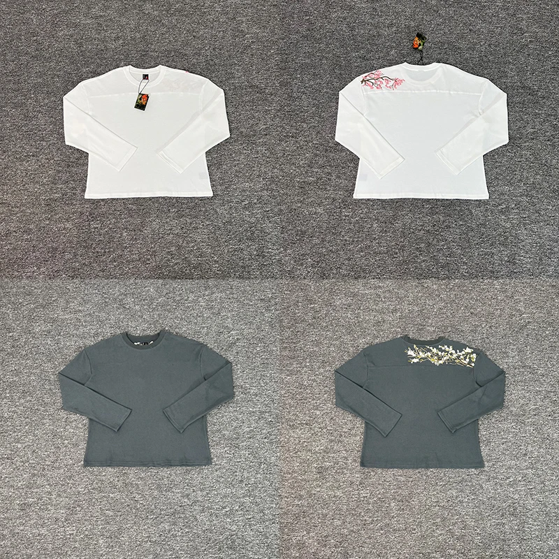 

Derschutze American Streetwear Unisex Cherry Blossom Embroidery Waffle Knit Long Sleeve T-Shirt Casual Daily Wear Men Women