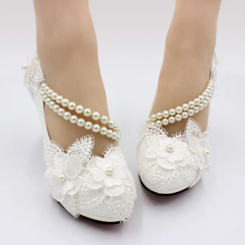 

Women Pumps PU Lace 3 5 8 CM Thin Heels New Product Stereotypical Flower White Wedding Shoes Round Toe Wedding Shoes Woman Shoe