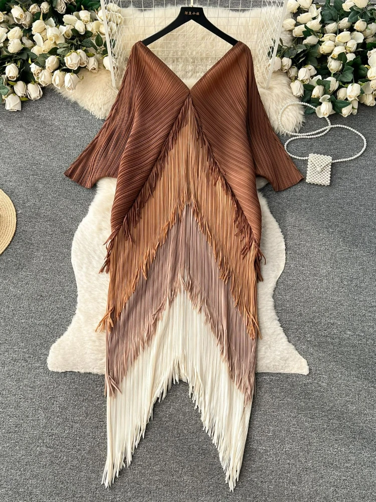 Miyake Tassel Patchwok Color Block Dress for Women Pleated Batwing Sleeve Mid-calf Dresses Fashion Female 2025 Summer - Image 4