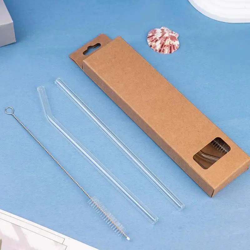 Reusable  Set High Borosilicate Smoothie Cocktails Straw Healthy Eco Friendly Drinking Straw With Cleaning Brush