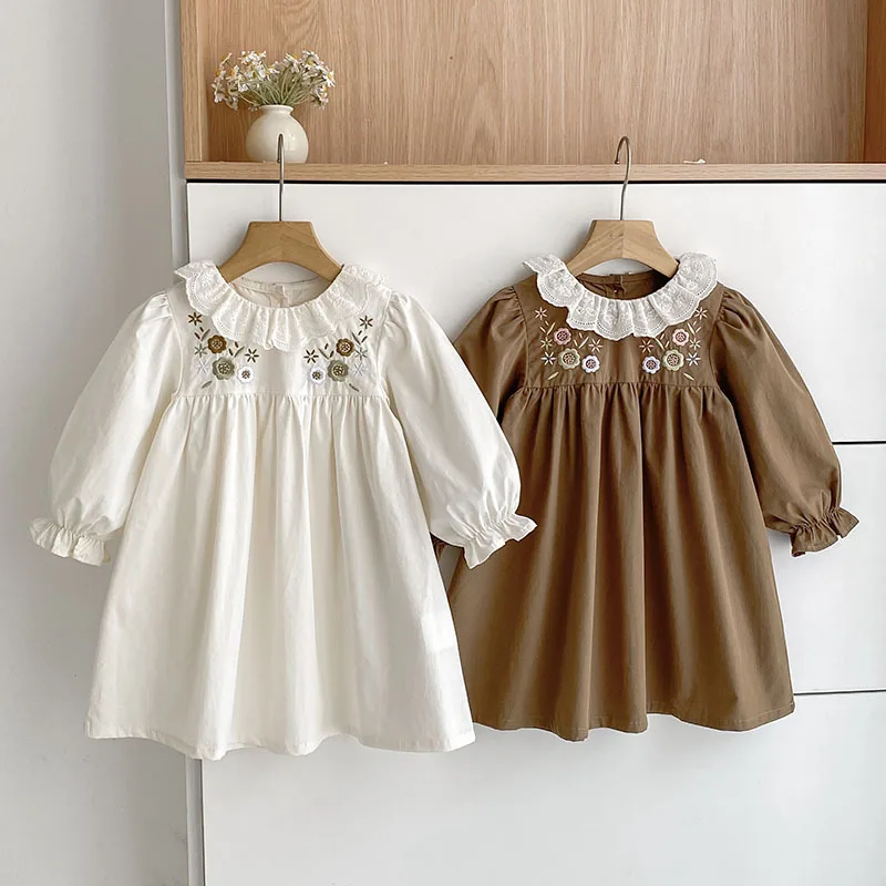 

‌2025 Autumn Korean Style Baby Girls Lace Collar Shirt Dress Flower Embroidery Toddler Princess Long Sleeve Casual Party Dresses