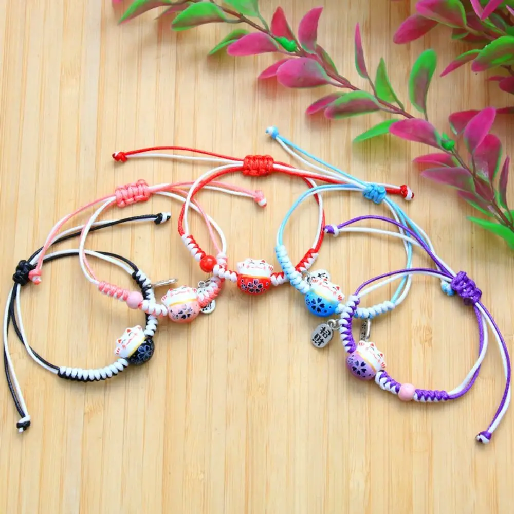 Ceramic Cat Pendant Maneki Neko Bracelet Hand Rope Two Color Red Braided Rope Jewelry Accessories Handmade Women Hand Ring Men