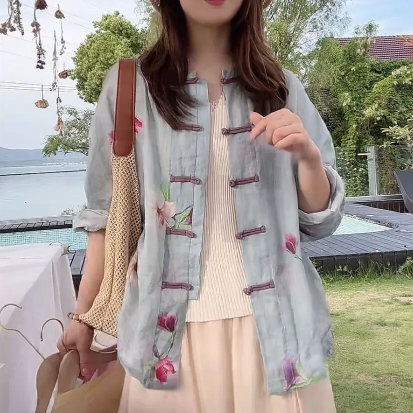 New Chinese Style Small Jacket Top Literary National Style Print Contrast Color Button Shirt Women