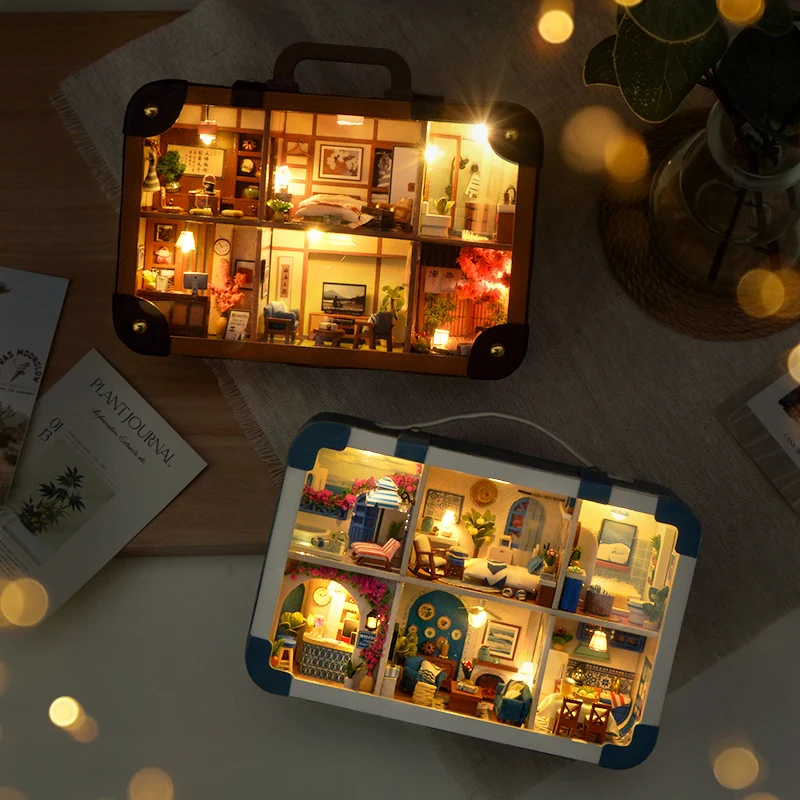DIY Miniature House Kit Travel Journal Series, Wooden Hand-Assembled Suitcase Diorama, Micro Landscape Model, Creative Gift