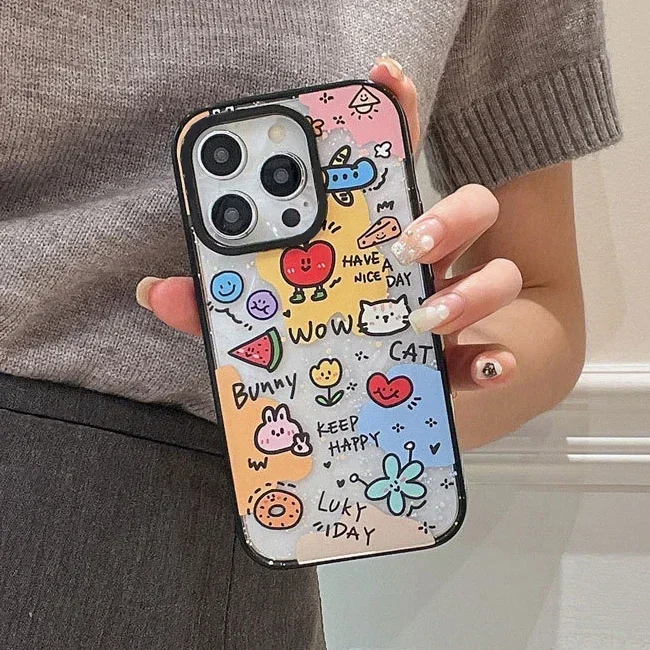 

Cute Cartoon Day 2.0 Acrylic Black Border Phone Case Cover for iPhone 11 12 13 14 15 16 Pro Max Case