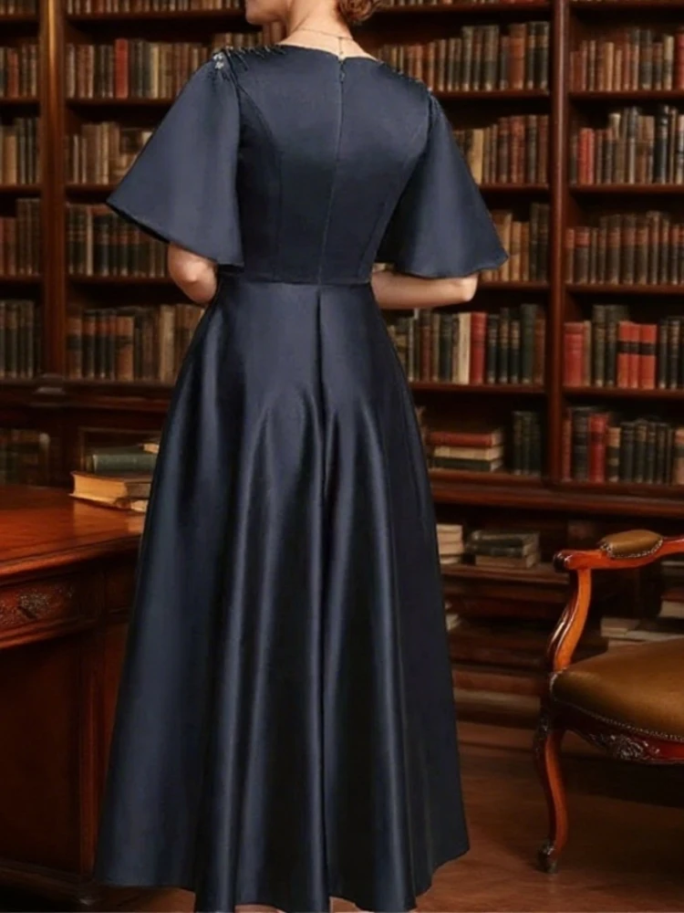 스팽글 섹시 우아한 신부 어머니 네이비 블루 드레스 v 넥 구슬 장식 스팽글 짧은 소매 차 길이 드레스 맞춤형