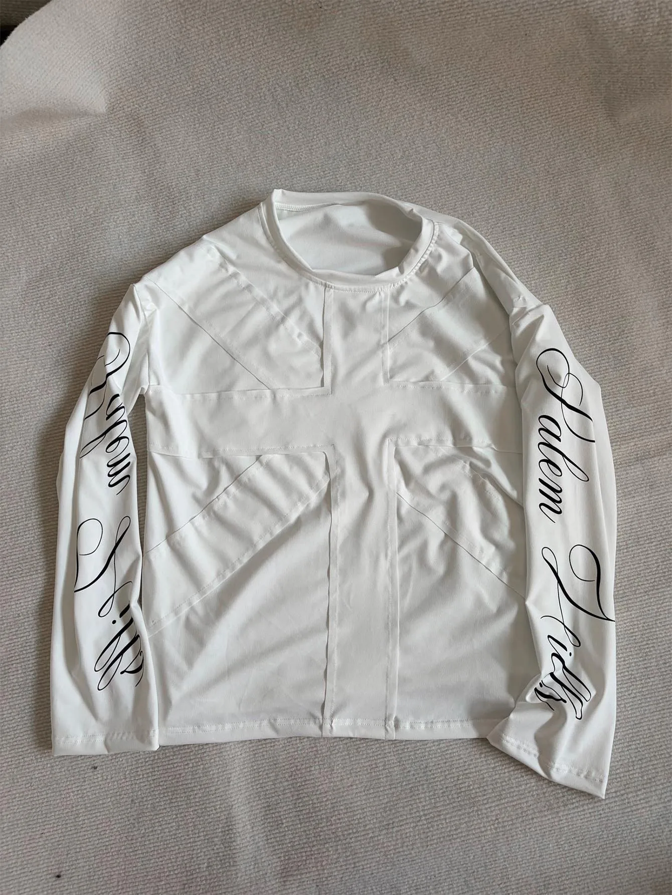 Women Streetwear Fashion Long Sleeve T-shirt British Flag Splicing Cursive Letter Print On Sleeve Loose Y2K Aesthetics Basic Top
