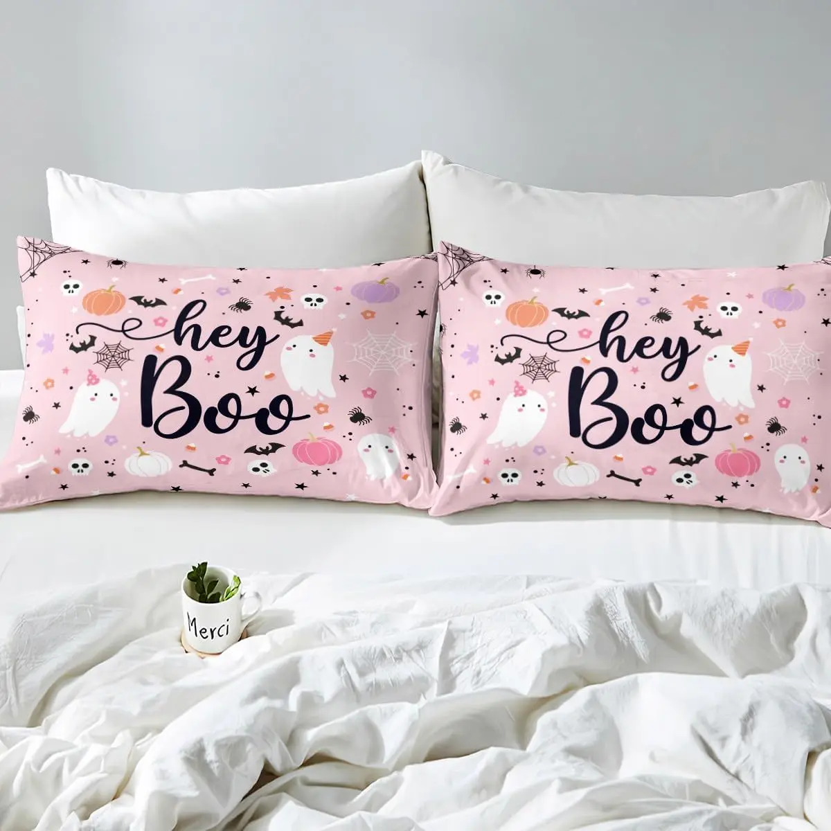 الوردي أشباح حاف مجموعة غطاء حجم واحد هالوين موضوع طقم سرير 2/3 قطعة الاطفال فتاة غرفة ديكور القوطية الجمجمة العنكبوت الخفافيش اليقطين #4