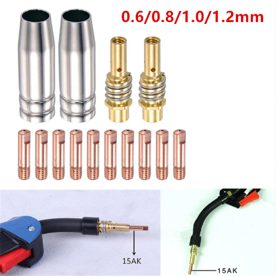 14pcs/set 15AK Consumable Welding Head 0.6/0.8/0.9/1.0/1.2mm MIG MAG Welding Torch Nozzle Gas Nozzle Tip Holder