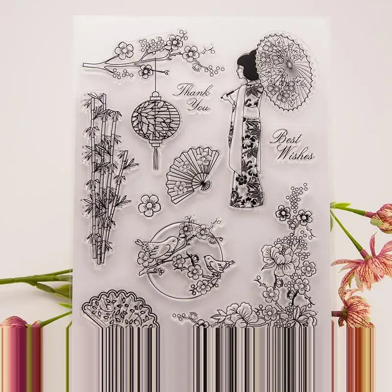 Transparent Rubber Seal Cherry Blossom Kimono Stamp  for Card Making DIY Hand Account Scrapbook