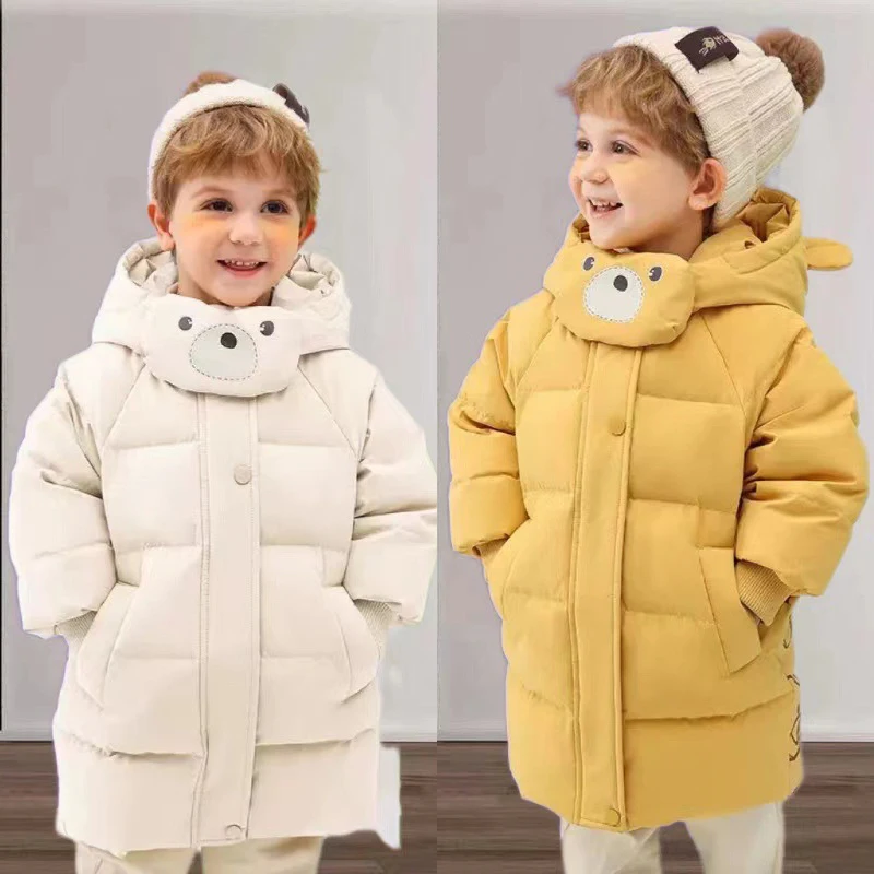 1-6 Years Winter Boys Jacket Thick Keep Warm Cute Cartoon Bear Pattern Padded Lining Hooded Coat For Kids Children Present