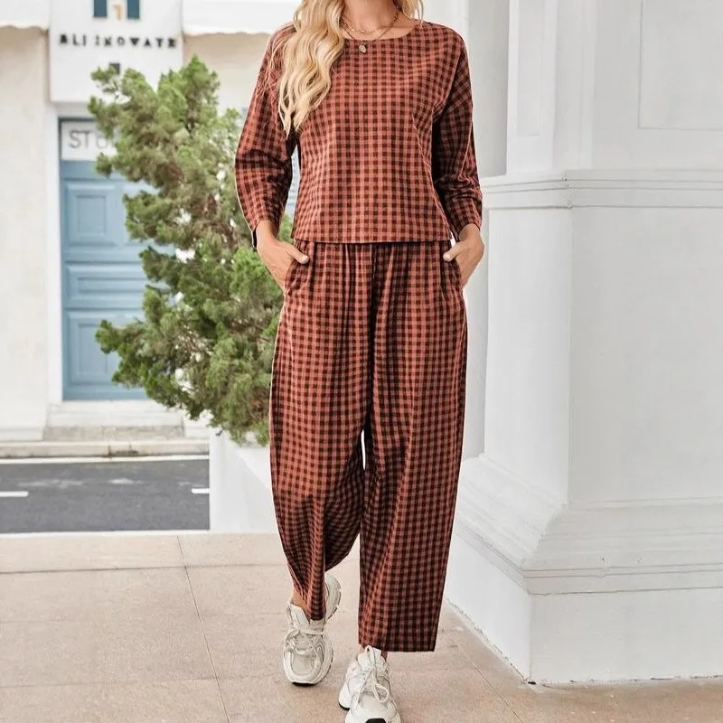 2025 Casual New In Matching Sets Two Piece Outfits 2 Pieces Set For Woman Simple Style Loose Contrast Lattice All-match Homewear
