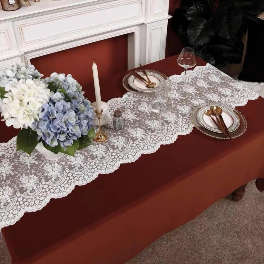 Embroidery Cotton Lace Fabric Table Cover Floral Lace Table Runner Vintage Table Runners for Wedding Bridal Shower Baby Party