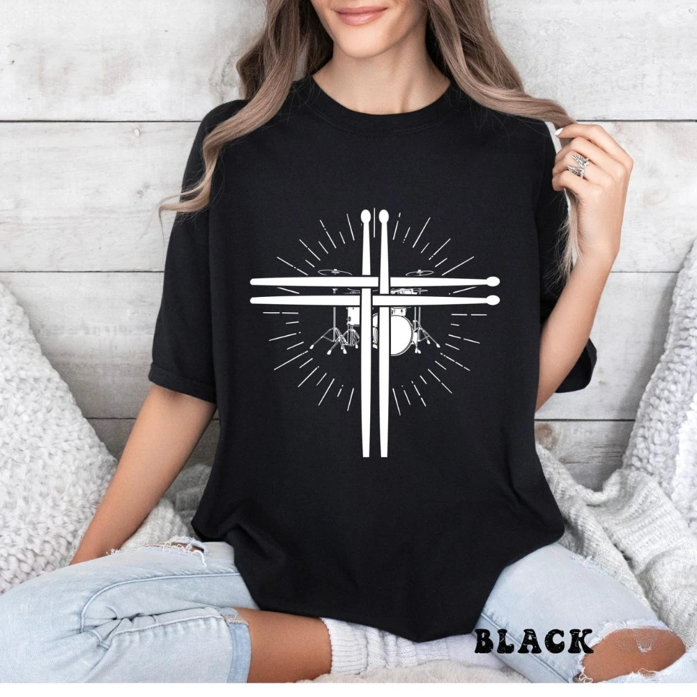 Fatherhood Shirt Rock Drummer Graphic Tee Retro Drumsticks Music Tee Stylized Drum Kit T-Shirt Men Women Unisex Summer Cotton T