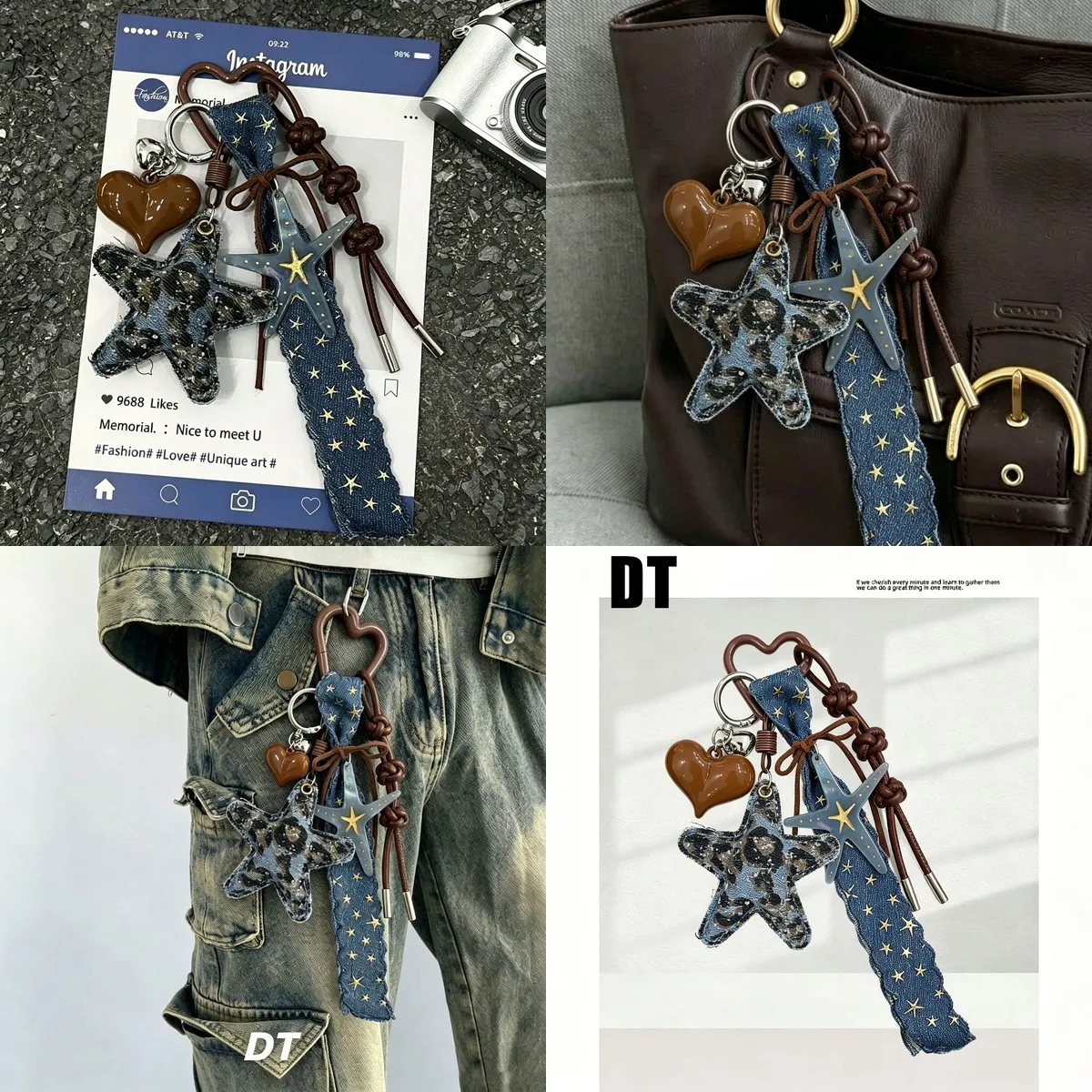 Leopard Print Denim Star Charm Keychain for Waste-Land Style, Brown Leather Heart Pendant with Braided Rope – Fashion