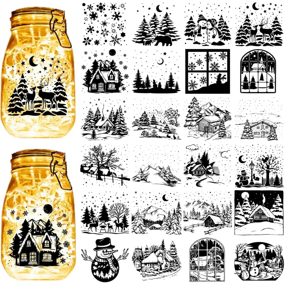 24Pcs Christmas Decals Silhouettes Mason Jar Decor Snowman Tree Flower Laser Silhouette Cutouts for Jars Wall making kit