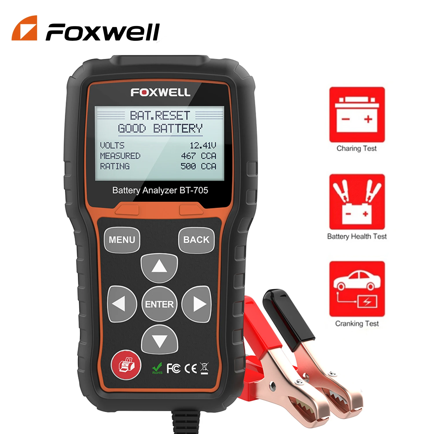 

Foxwell BT705 12/24V Truck Car Battery Load Tester Charging System100-2000 CCA Battery Tester Heavy Duty Truck Cranking Charging