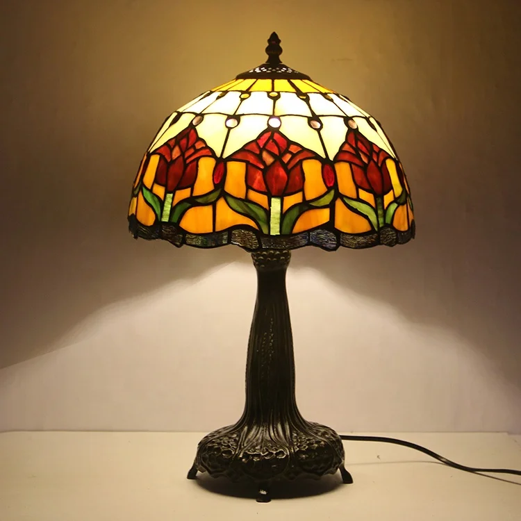 12Inch Tiffany Style Stained  Table Lamp European Pastoral Tulip Colored Glass Table Light Living Room Decoration