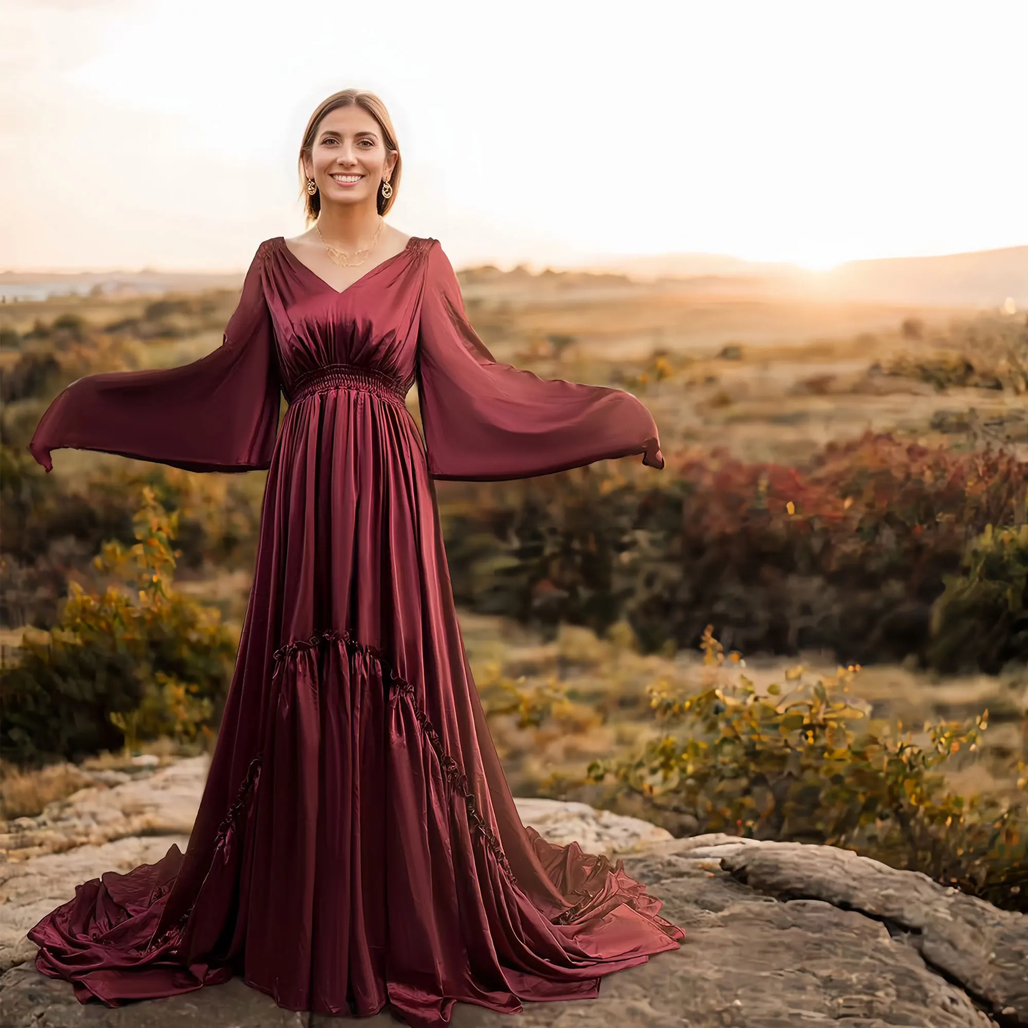 Jedwabna sukienka do fotografii ciążowej z trójkątnym rękawem Maxi dla kobiet w ciąży suknie wieczorowe rekwizyty sesja zdjęciowa