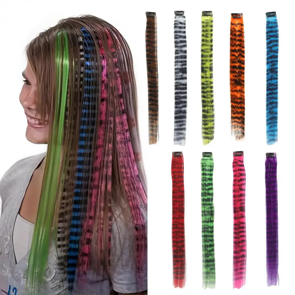 18-inch Women Clip-in Raccoon Tail Hair Extension Heat Resistant Natural Long Straight Synthetic Stripe Printed Hairpiece Wig
