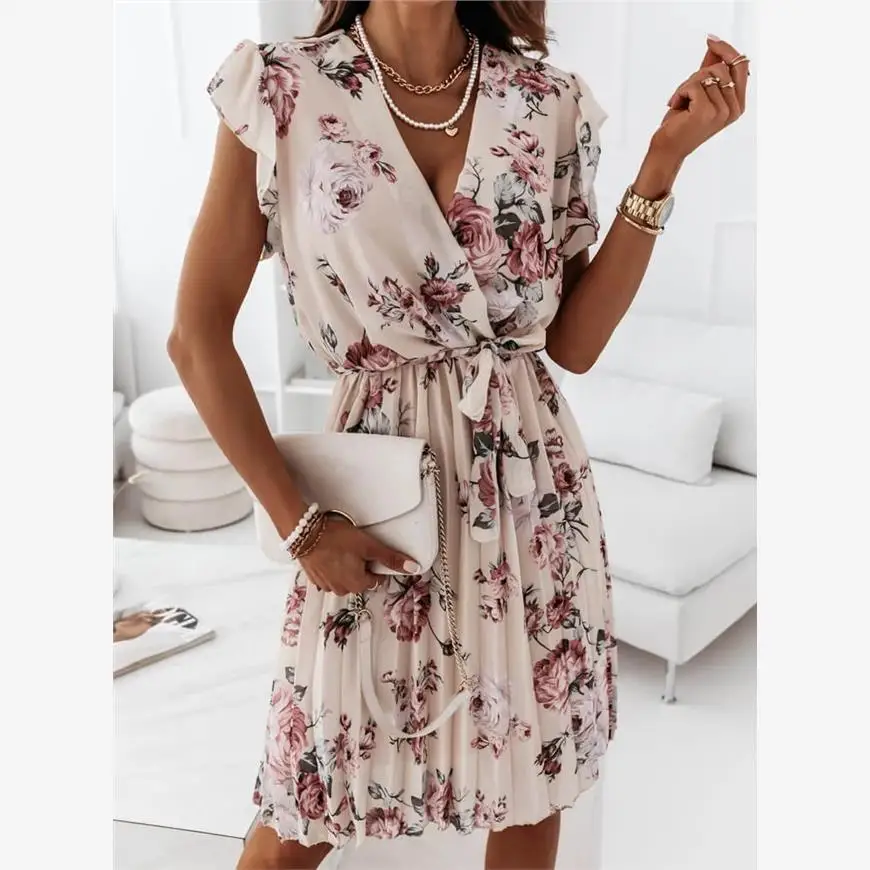 تنورة Ele V-ne ذات ثنيات Dr للسيدات جديدة 202 مطبوعة بالزهور بخصر عالٍ Sa عائمة Sve Commute Sle Summer Dr #3