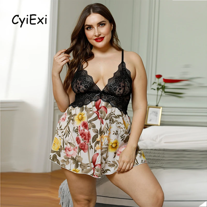 CyiExi Women's Plus Size Nightgowns Sexy Deep V-neck Crisscross Back Lingerie Nightdress Female Floral Lace Splicing Babydoll 5X